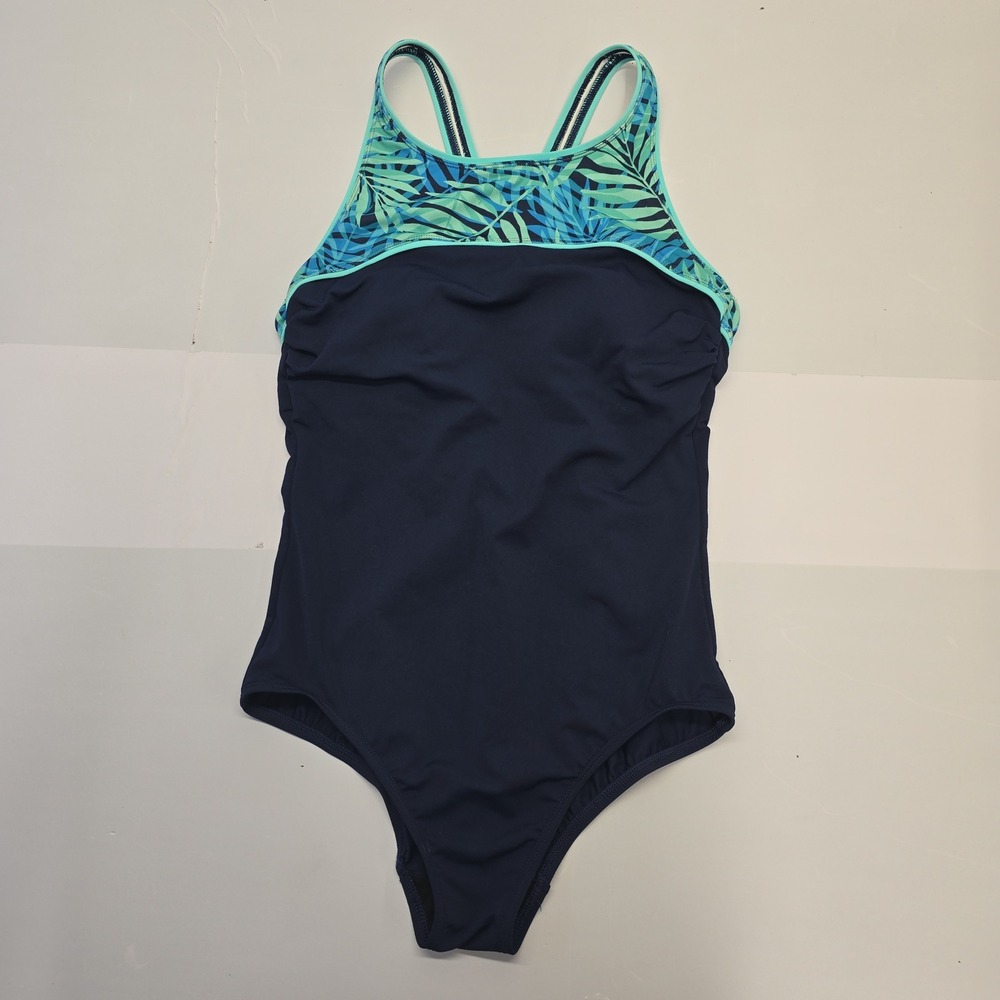 Lands End Womens Navy Blue Tropical Palm Print One Piece Swimsuit Size 10 507441